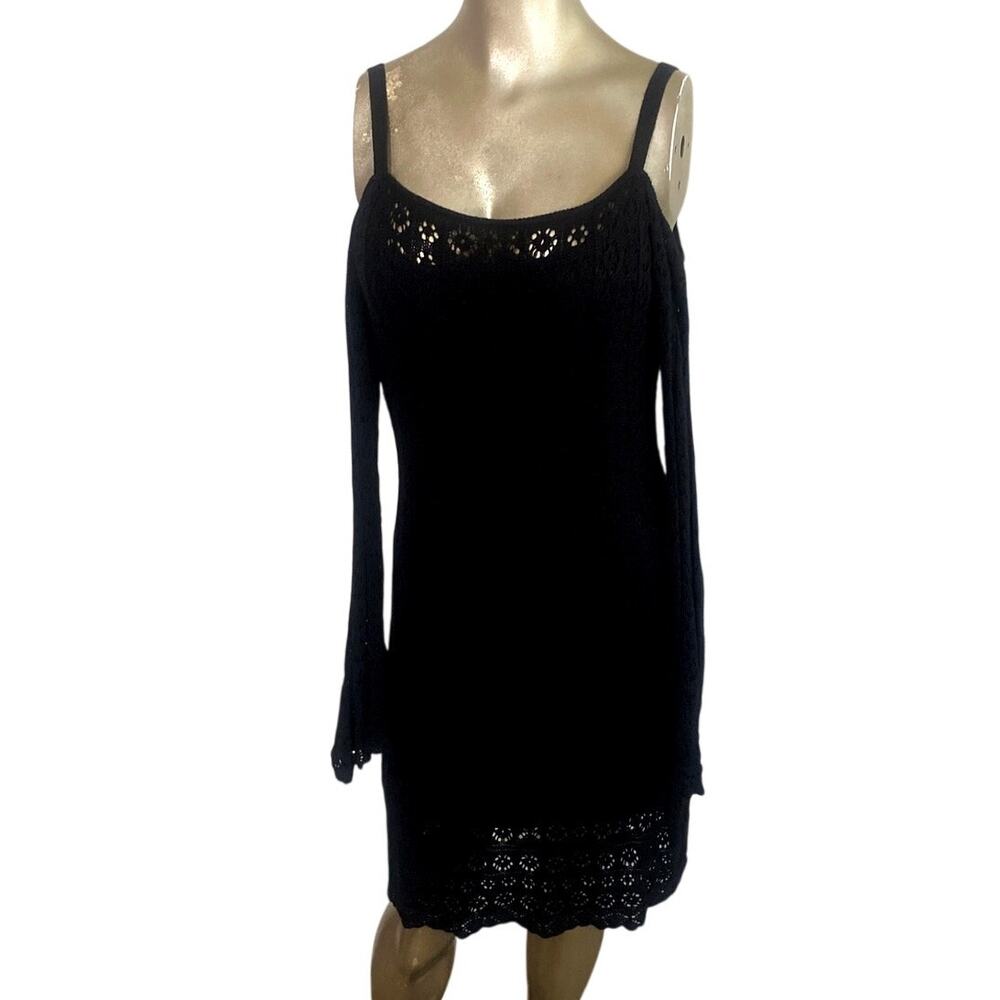 Venus Crochet Knit Cold Shoulder Dress Size M Black Pointelle Bell Sleeve 2019